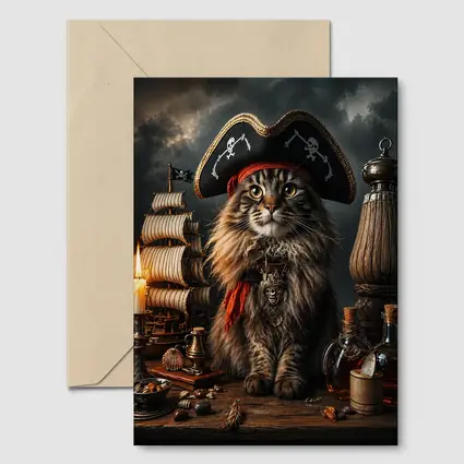 Pirate Maine Coon Cat Ship Dark Background