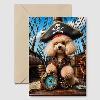 Pirate Poodle Captain on Wooden Ship