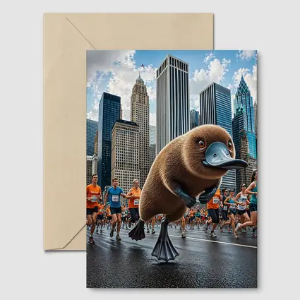Platypus Running City Marathon Skyscrapers Background