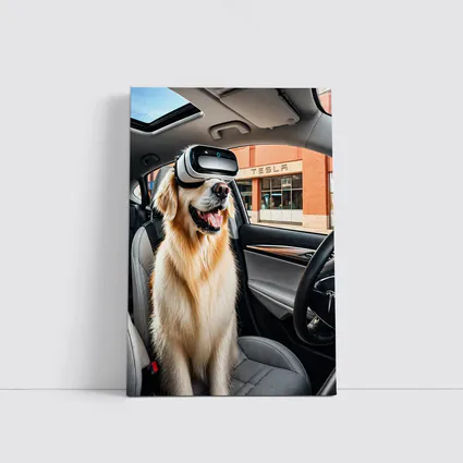 Golden Retriever Wearing VR Headset Tesla Interior