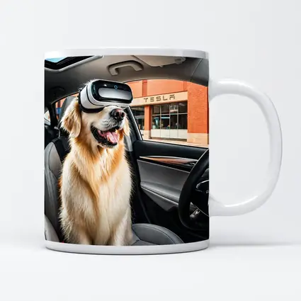 Golden Retriever Wearing VR Headset Tesla Interior