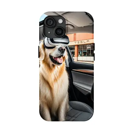 Golden Retriever Wearing VR Headset Tesla Interior