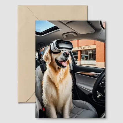 Golden Retriever Wearing VR Headset Tesla Interior