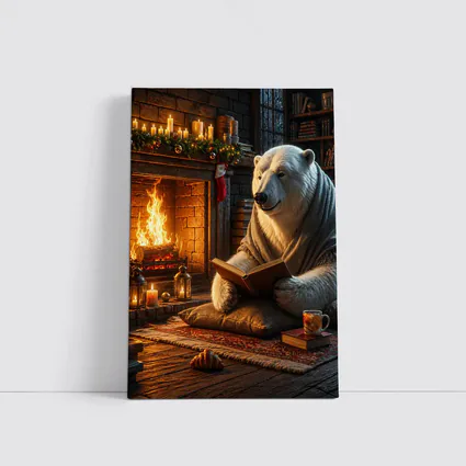 Polar Bear Reading Book by Cozy Fireplace