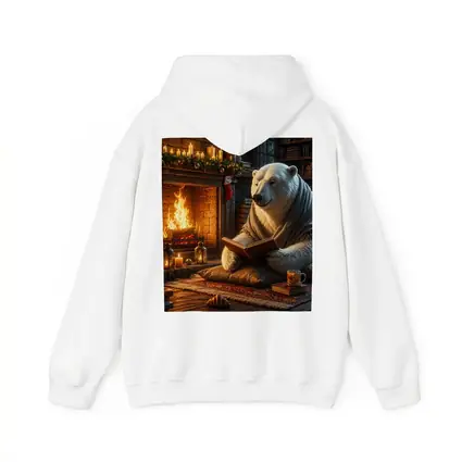 Polar Bear Reading Book by Cozy Fireplace