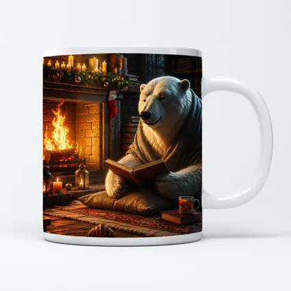 Polar Bear Reading Book by Cozy Fireplace