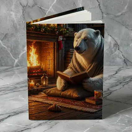 Polar Bear Reading Book by Cozy Fireplace