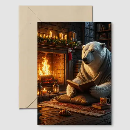 Polar Bear Reading Book by Cozy Fireplace