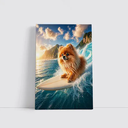 Pomeranian Surfing Ocean Wave Sunny Day