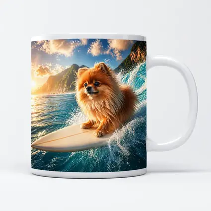 Pomeranian Surfing Ocean Wave Sunny Day