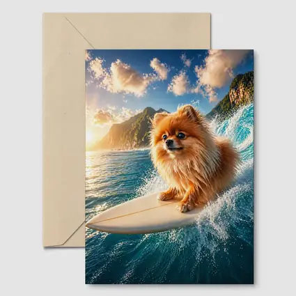 Pomeranian Surfing Ocean Wave Sunny Day