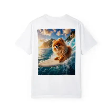 Pomeranian Surfing Ocean Wave Sunny Day