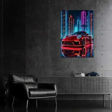 Porsche 911 Red Neon City Night