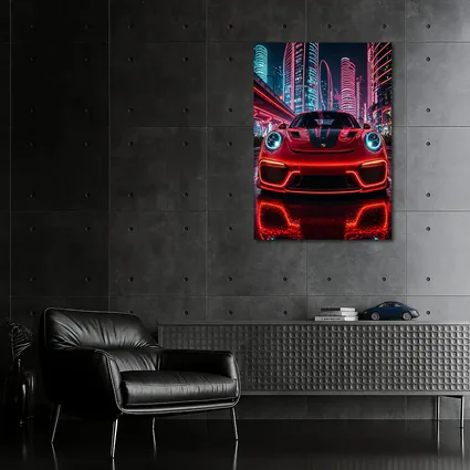 Porsche 911 Red Neon Futuristic City Night