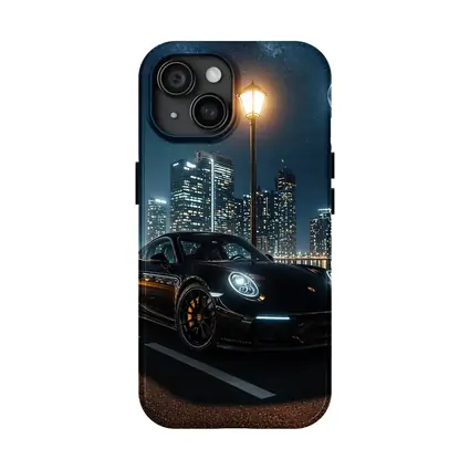 Porsche 911 Black Night City Skyline