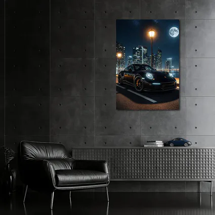 Porsche 911 Black Night City Skyline
