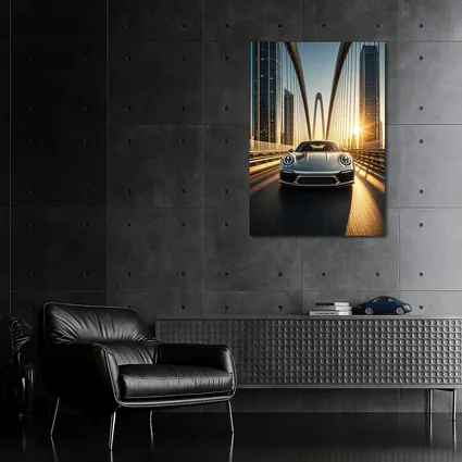 Porsche 911 Silver On City Bridge Sunset