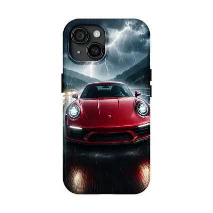 Red Porsche 911 Racing Through Lightning Storm