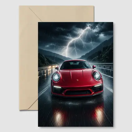 Red Porsche 911 Racing Through Lightning Storm