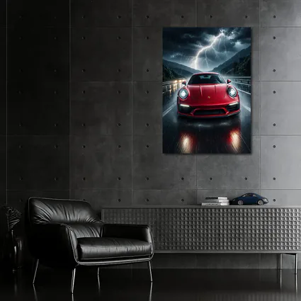 Red Porsche 911 Racing Through Lightning Storm