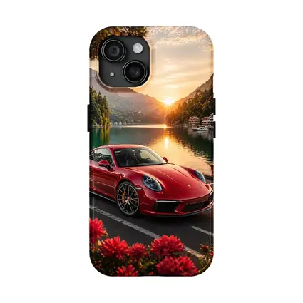 Red Porsche 911 Parked By Mountain Lake