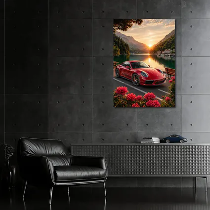 Red Porsche 911 Parked By Mountain Lake