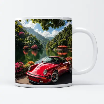 Red Porsche 911 Parked By Mountain Lake