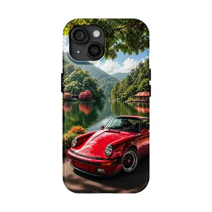 Red Porsche 911 Parked By Mountain Lake