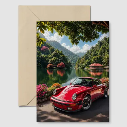 Red Porsche 911 Parked By Mountain Lake