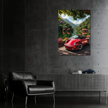 Red Porsche 911 Parked By Mountain Lake