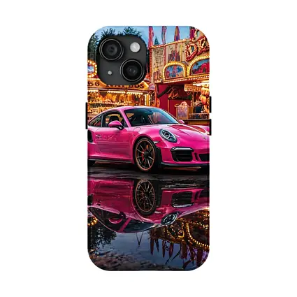 Pink Porsche 911 Carnival Lights Wet Reflection