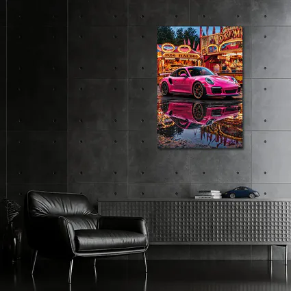 Pink Porsche 911 Carnival Lights Wet Reflection