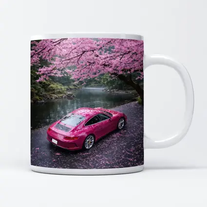 Pink Porsche 911 Under Cherry Blossom Trees