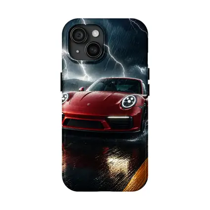 Red Porsche 911 Racing Through Lightning Storm