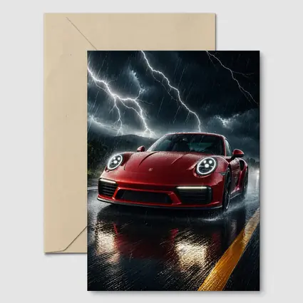 Red Porsche 911 Racing Through Lightning Storm