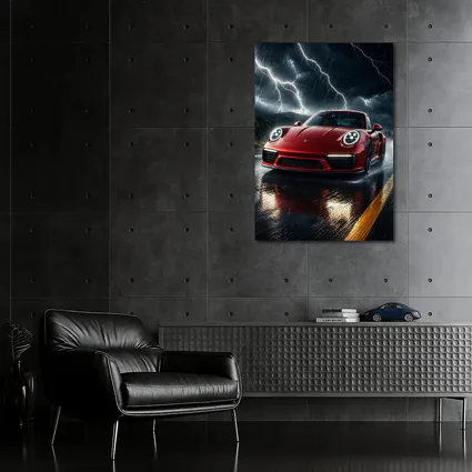 Red Porsche 911 Racing Through Lightning Storm