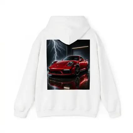Red Porsche 911 Garage Lightning Storm