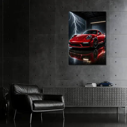 Red Porsche 911 Garage Lightning Storm