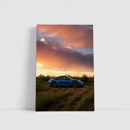 Blue Porsche 911 Parked at Dramatic Sunset
