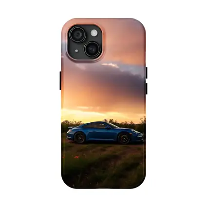 Blue Porsche 911 Parked at Dramatic Sunset