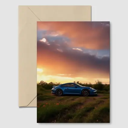Blue Porsche 911 Parked at Dramatic Sunset