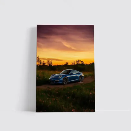 Porsche 911 Blue Coupe Sunset Field