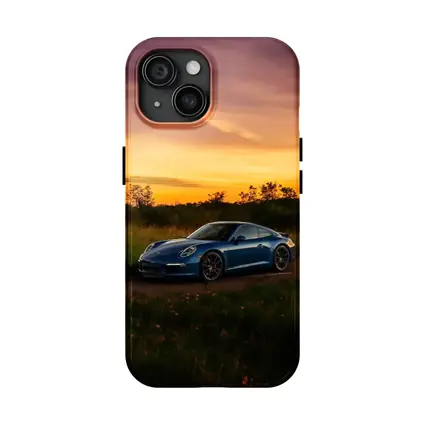 Porsche 911 Blue Coupe Sunset Field
