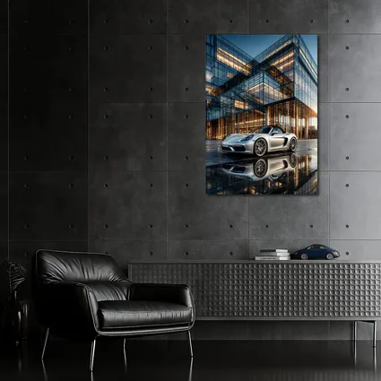 Porsche Boxster Silver Glass Building Sunset