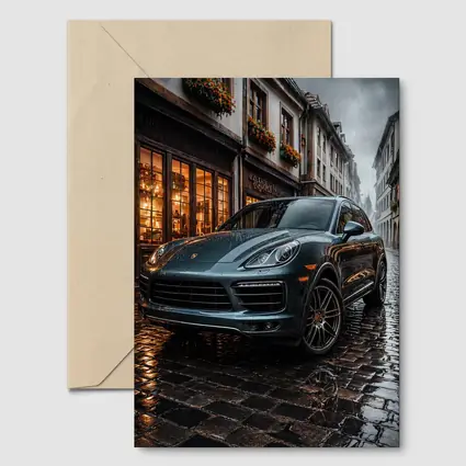 Porsche Cayenne Rainy Cobblestone European Street