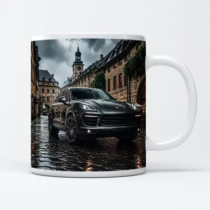 Porsche Cayenne Black Rainy European Cobblestone Street