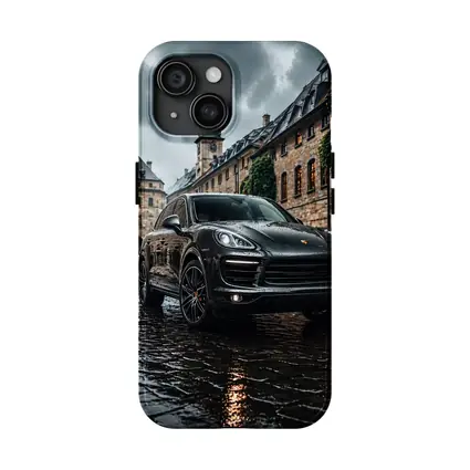 Porsche Cayenne Black Rainy European Cobblestone Street