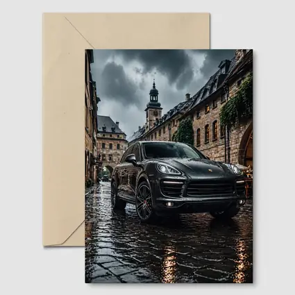 Porsche Cayenne Black Rainy European Cobblestone Street