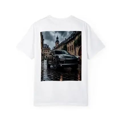 Porsche Cayenne Black Rainy European Cobblestone Street