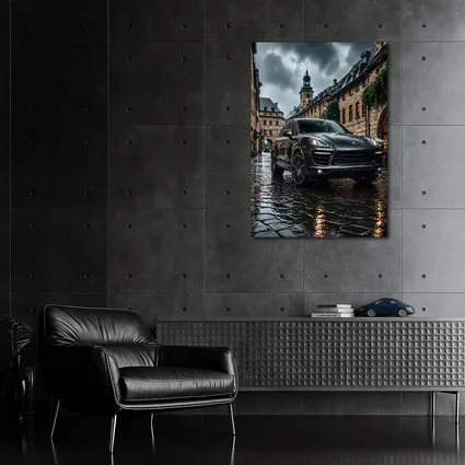 Porsche Cayenne Black Rainy European Cobblestone Street